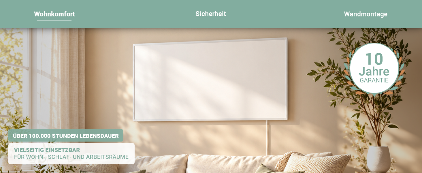 Wei&szlig;e Heidenfeld Infrarotheizung im gem&uuml;tlichen Wohnzimmer mit &uuml;ber 100.000 Stunden Lebensdauer, vielseitigen Einsatzm&ouml;glichkeiten und 10 Jahren Garantie.